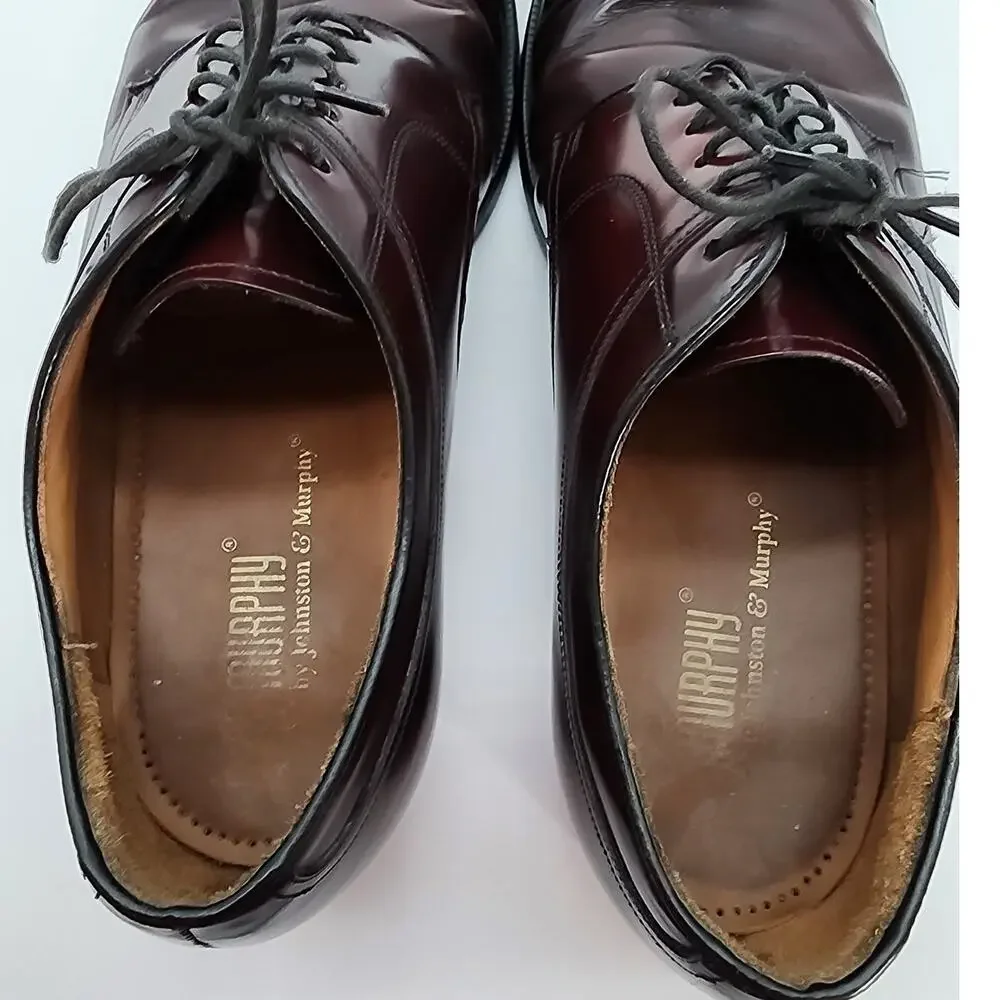 Johnston & Murphy Mens 10 Leather Cap-Toe Oxford Dress Shoes Burgundy Classic